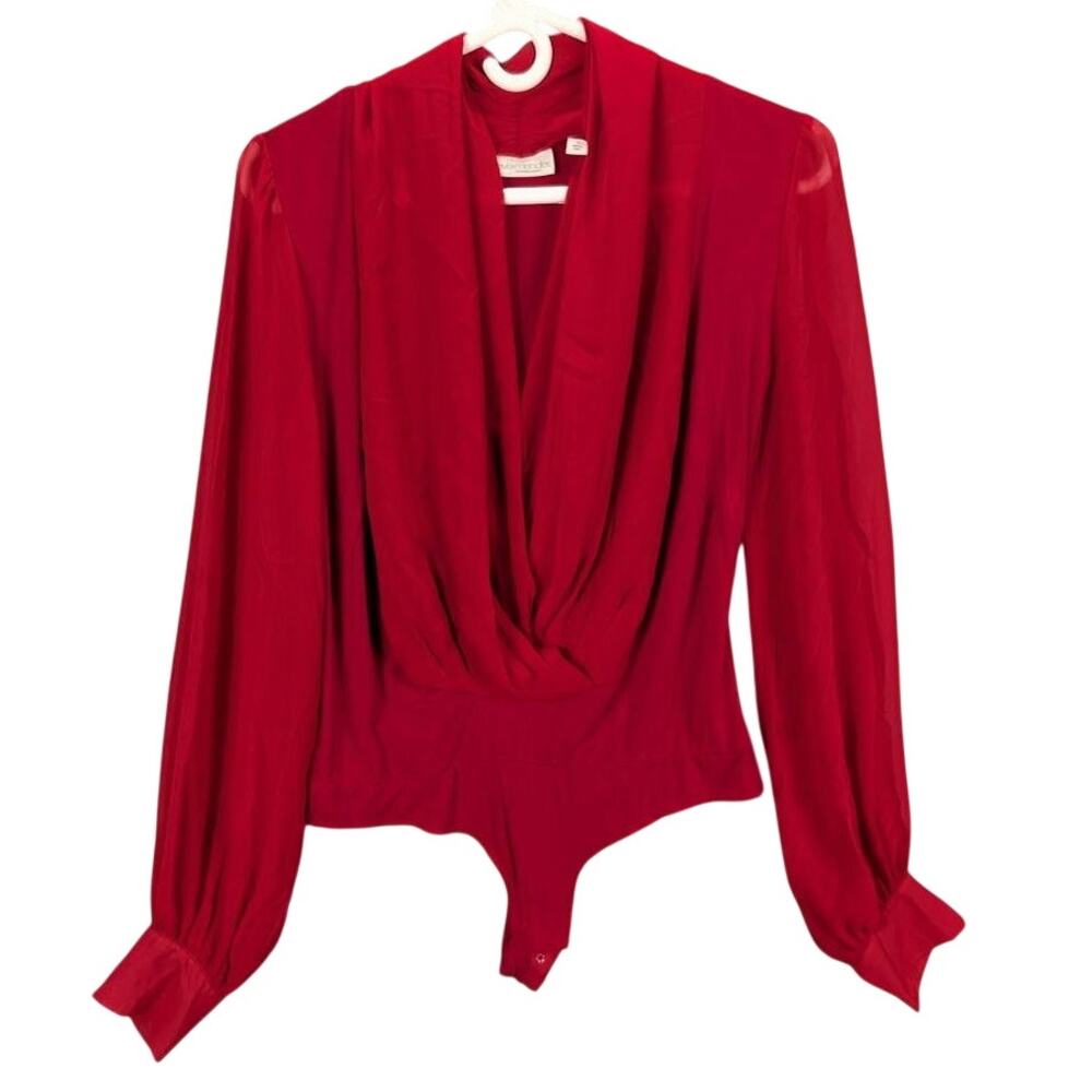 Eva Mendes Bodysuit Womens Small Red Sheer Long Sleeve Draped Plunging V Neck